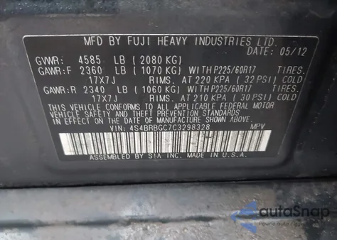 2012 Subaru Outback 2.5I Premium z USA, uszkodzony, nr VIN 4S4BRBGC7C3298328